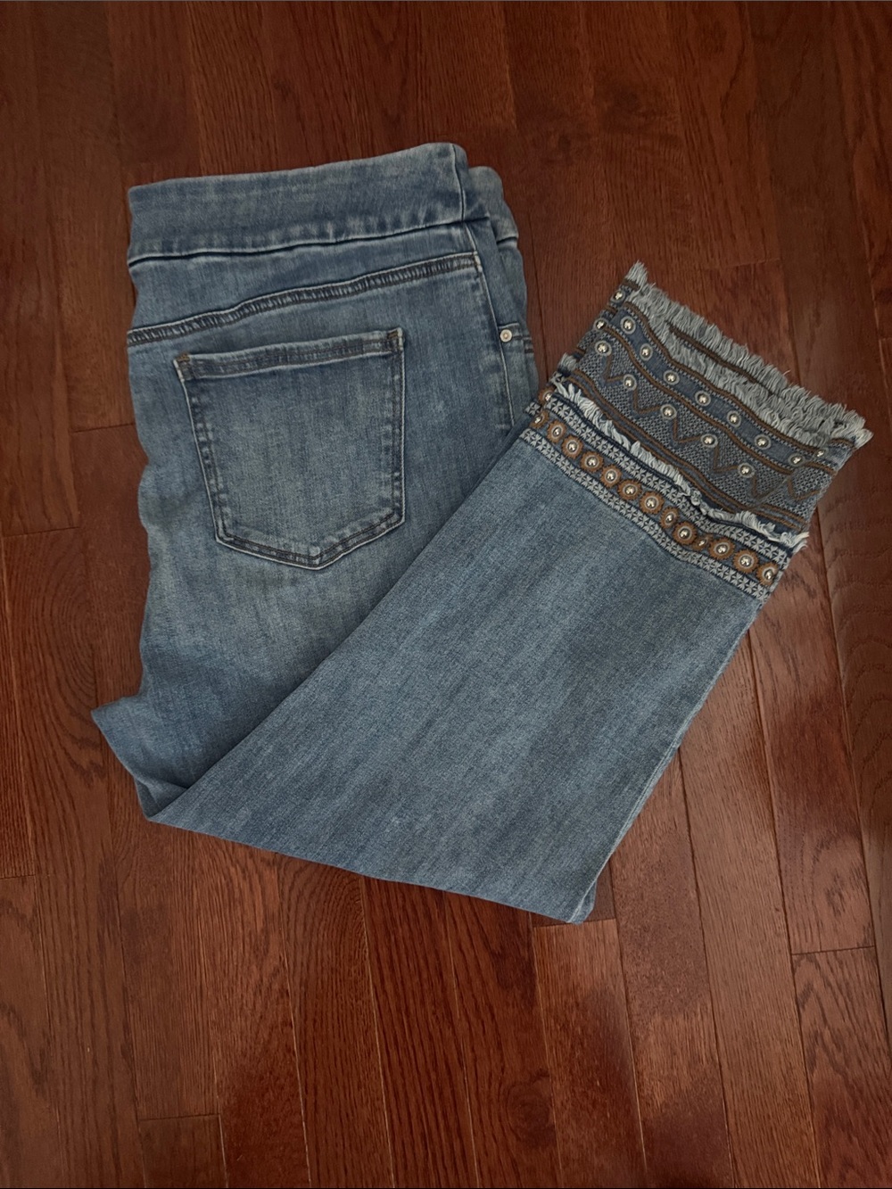 Chico's Denim Crop Jeans with Embellished Fringe Hem - Blue, size 3/16R